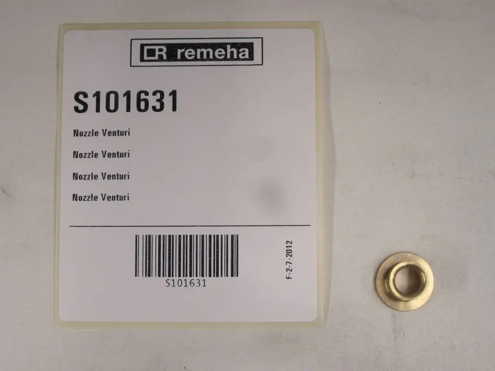 Remeha Drosselscheibe auf einer Verpackung mit Artikelnummer S101631 und fünfmaliger Nennung des Begriffs „Nozzle Venturi“.